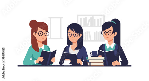 Group of Three Women Studying and ReadingBooks at Table