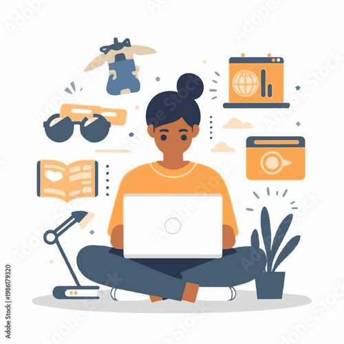 A woman sits cross-legged with a laptop on her lap surrounded by various icons on transparent background