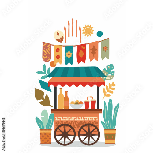 A colorful illustration of a food cart on transparent background