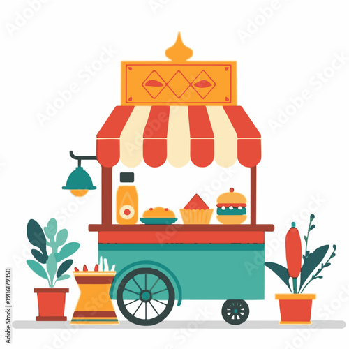 A colorful illustration of a food cart with a striped awning on transparent background
