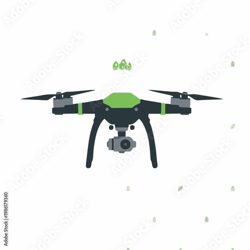 A green and black drone flying with pollen on transparent background