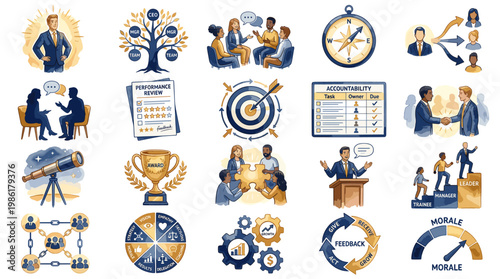 Business teamwork and target achievement infographic set with leadership, planning, strategy, analytics and collaboration icons in detailed hand drawn style isolated on white background