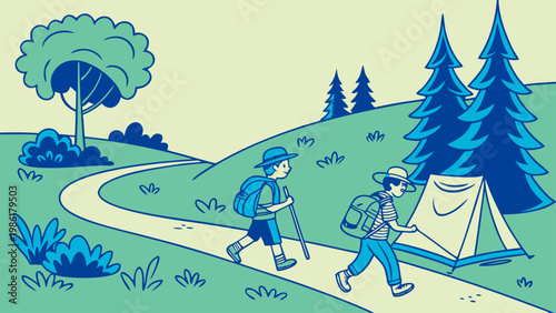 Two hikers with backpacks enjoying a scenic nature trail with a tent setup