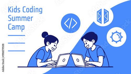 Children happily learning computer programming at a summer camp, inspired by technology and innovation.