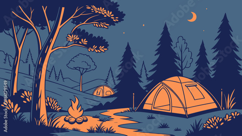 Cozy campsite with glowing tents and campfire under a starry night sky.