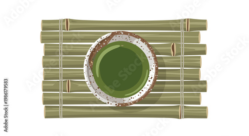 A vibrant bowl of frothy green matcha tea sits meticulously centered on a rustic bamboo mat backdrop against a clean and minimalist white background.