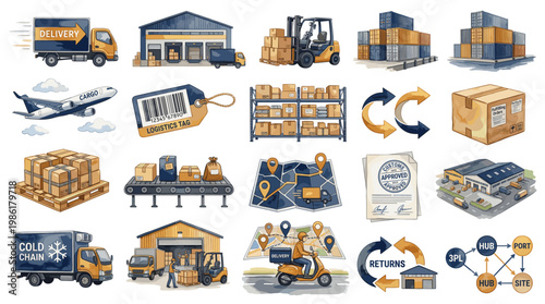 Logistics and warehouse transport set with delivery truck, airplane, forklift, pallets, barcode and shipping workflow icons in detailed hand drawn style isolated on white background