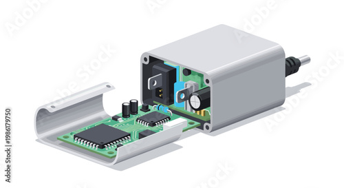 A precise isometric illustration depicts a silver power adapter with its outer shell removed to expose the intricate green printed circuit board and capacitors.