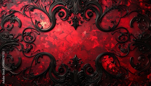 Elaborate black ornamental frame around a vibrant red, textured background creates a sophisticated, ornate effect