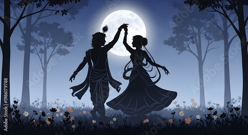 Radha Krishna Divine Dance Silhouette in Moonlight Forest Forest Background