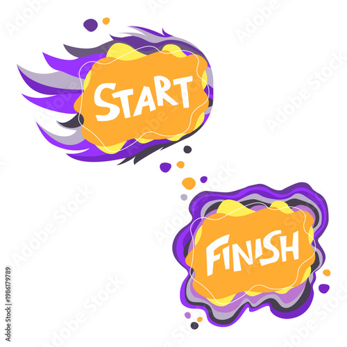 Colorful orange and violet Start and Finish bubble sticker signs for games, boardgames, online games, sports and competitions. 