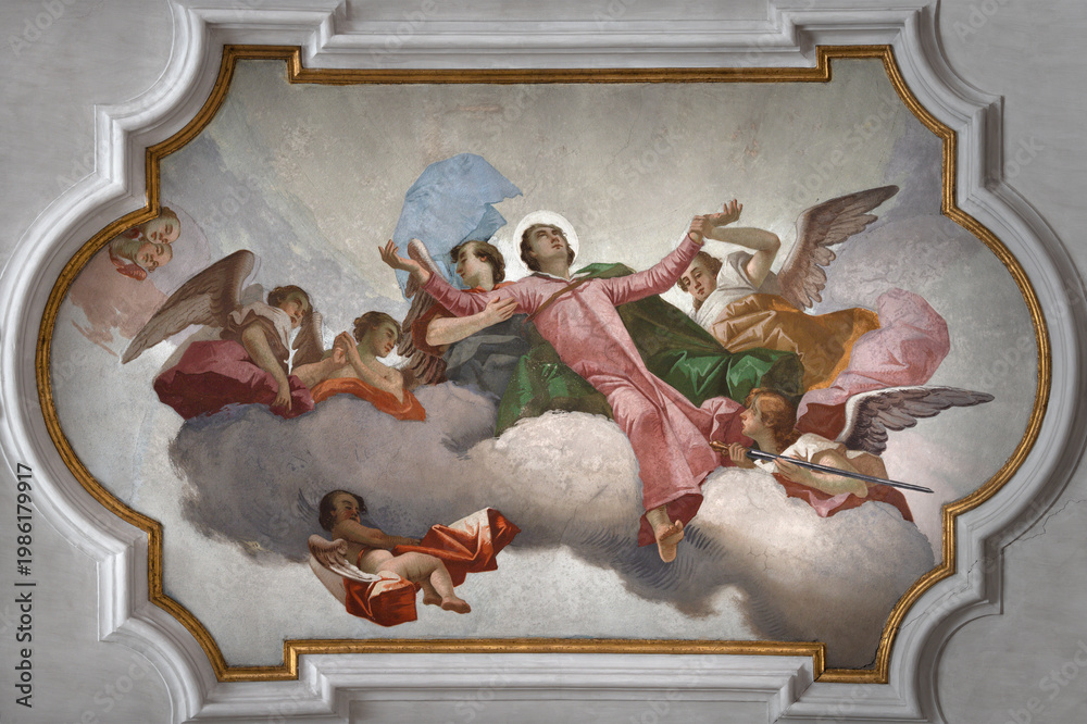 Fototapeta premium BERGAMO, ITALY - MARCH 21, 2026: Fresco of Apotheosis of St. Pancrace the Evangelist from the cupola of church Chiesa di San Pancrazio by Giovanni Cavalleri (1805).