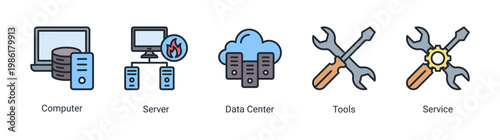 Server environment icon set with data center,server,and service elements.Ideal for cloud computing and IT infrastructure designs.