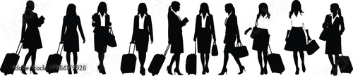 Silhouette illustration of nine business travelers with suitcases, symbolizing corporate mobility, professional lifestyle, airport travel, commuting, and global business journey on white background