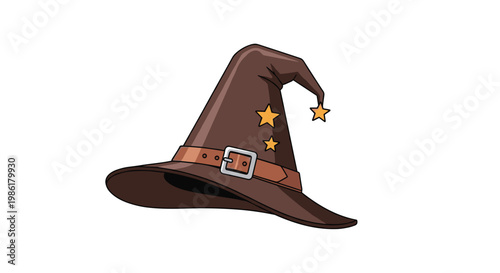 A whimsical brown wizard hat adorned with shimmering yellow stars and a buckled leather strap sits elegantly against a clean and simple white background.