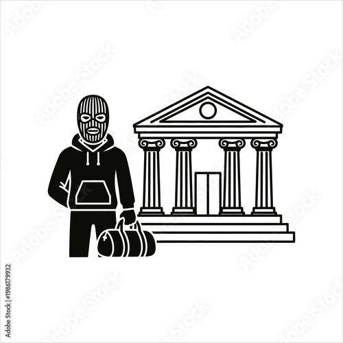 Robber with duffel bag standing near bank building vector illustration Isolated on white background