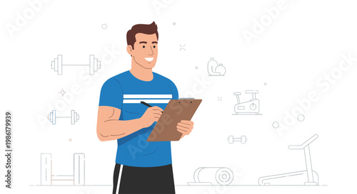 A cheerful professional fitness trainer wearing a blue athletic shirt stands confidently while holding a clipboard and pen in front of subtle gym equipment icons.