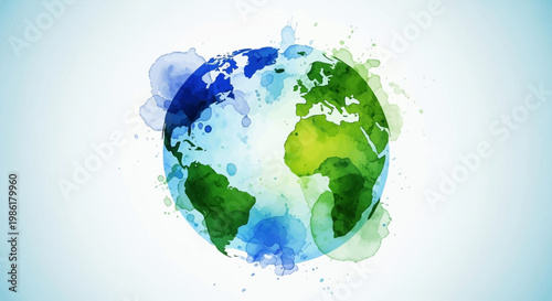 Vibrant watercolor depiction of our planet Earth, showcasing a beautiful fusion of natural blues and greens, symbolizing global harmony, environmental care, and the interconnectedness of all life