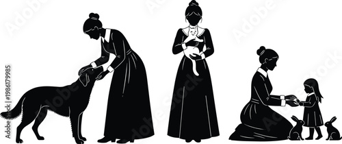 Vintage silhouette illustration of women interacting with pets and child, featuring dog, cat, rabbits, showing compassion, care, nurturing, and timeless human animal bond