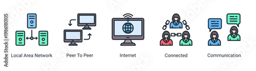 Network flow icon set featuring connection,internet,and communication systems.Suitable for networking and digital communication visuals.