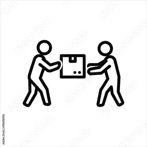 Two people passing a package during a delivery transaction isolated on white background