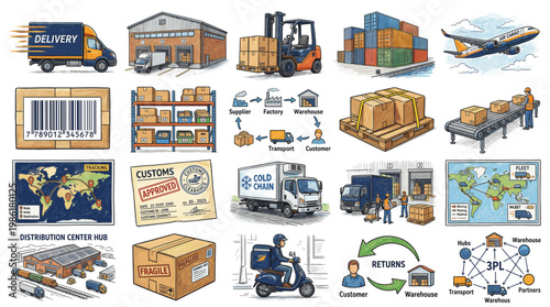 Logistics and warehouse delivery set with truck, forklift, cargo containers, airplane, barcode and shipping icons in detailed hand drawn style isolated on white background