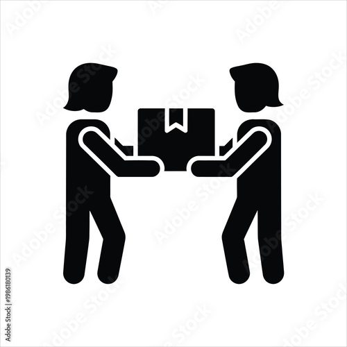 Two people passing a package during a handover in flat design Vector Illustration Isolated on white background