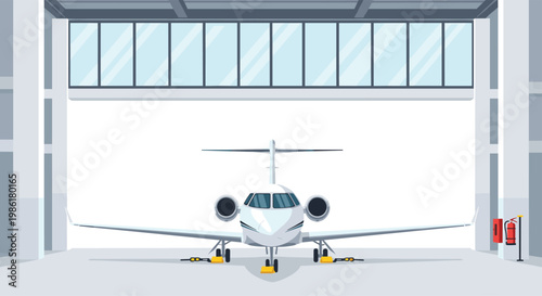 A meticulous executive jet rests on the polished floor of a spacious industrial aircraft hangar characterized by bright white walls and cool blue lighting accents.