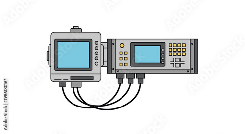 A complex gray electronic testing instrument features two distinct digital display screens and numerous control buttons connected by several thick black power cables.