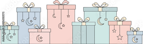 Pastel gift boxes with celestial moon and star charms, cute holiday presents in soft pink and blue, decorative gift set vector for baby shower or birthday