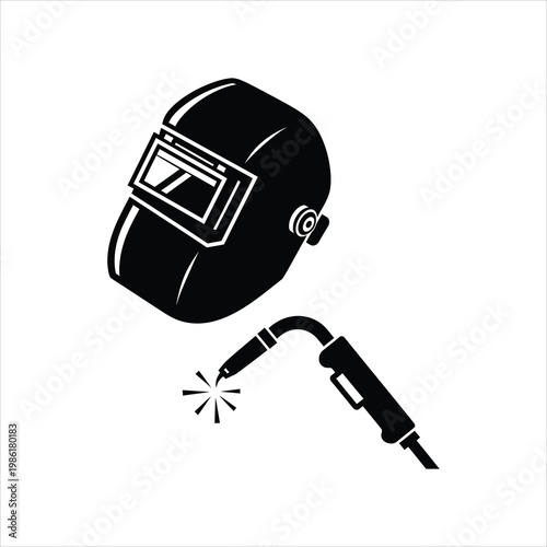 Welding helmet and torch with sparks during metalwork Vector Illustration Isolated on white background