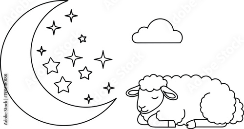 Sleeping sheep coloring page vector, cute lamb resting under crescent moon and stars, bedtime nursery illustration for kids activity books