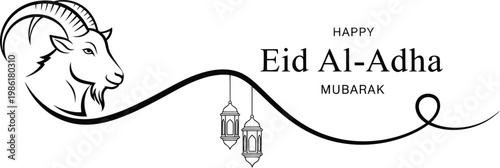 Eid Al-Adha Mubarak greeting banner, minimalist goat head line art with hanging lanterns, Islamic holiday celebration vector illustration