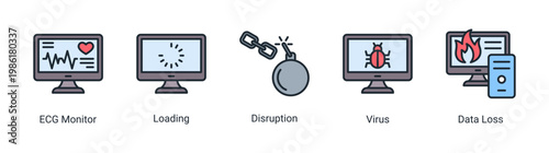 System alert icon set featuring monitoring,errors,and disruptions.Perfect for system performance and risk management visuals.
