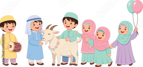 Islamic Eid al-Adha celebration with happy Muslim children and sacrificial goat, cute cartoon kids in traditional clothing, religious festival vector