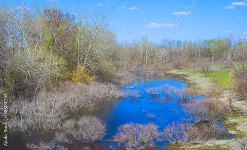 calm blue river flow among green spring forest