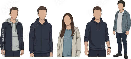 Minimalist faceless people vector set, diverse young adults in casual hoodies and jackets, flat illustration of stylish youth characters