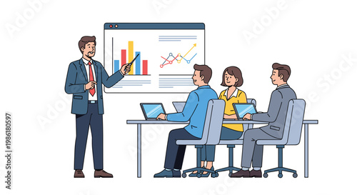 A confident male executive in a formal suit uses a pointer to explain colorful data charts on a large digital screen to colleagues in a modern office setting.
