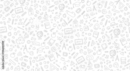 A seamless pattern of small, hand-drawn educational icons scattered across a white background.