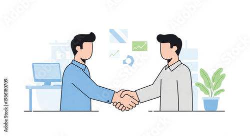 A smiling business team of professional men and women in suits conduct a successful meeting in the office, where two businessmen share a handshake to seal a teamwork agreement