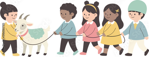 Diverse group of smiling children in casual clothing happily walking a white goat on a leash.
