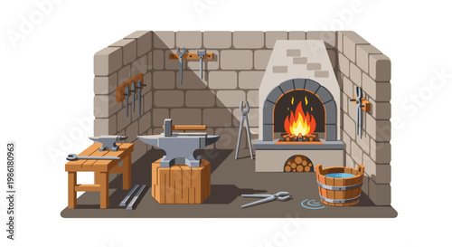 A meticulously organized blacksmith shop interior displays a central iron anvil on a wooden stump beside a warm brick furnace and various hanging metal tools.