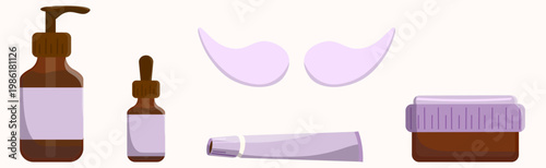 Elegant flat vector set of organic skincare products including amber glass bottles, eye patches, and cream tubes, perfect for beauty branding, spa menus, and self care graphics.