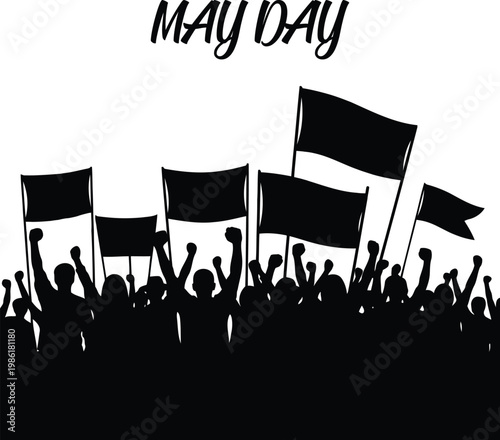 May Day Celebration with Crowd Holding Flags and Raised Fists