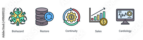 Recovery action icon set featuring restoration,continuity,and emergency response concepts.Suitable for disaster recovery and safety visuals.