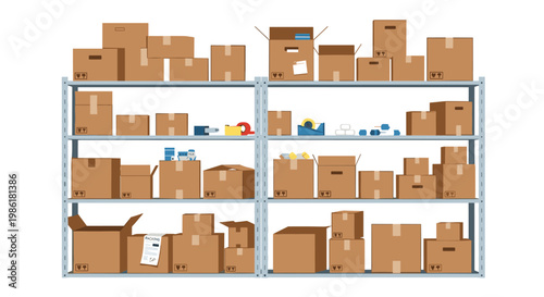 Meticulous organization of numerous brown cardboard shipping boxes arranged on sturdy industrial metal shelving units within a clean and bright warehouse setting.