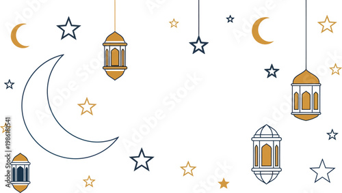Hanging Islamic lanterns and celestial motifs like moons and stars are arranged with ample copy space.