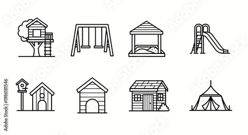 outdoor playground equipment icons set including treehouse swing slide and shelter for kids in line art style for web and print