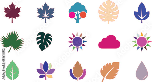 Colorful flat of leaves, clouds, sun, and tree flat colorful