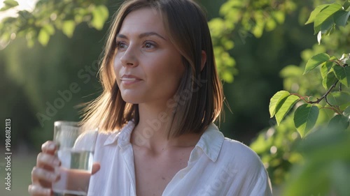 Woman drinking water from a glass outdoors on a sunny day in nature